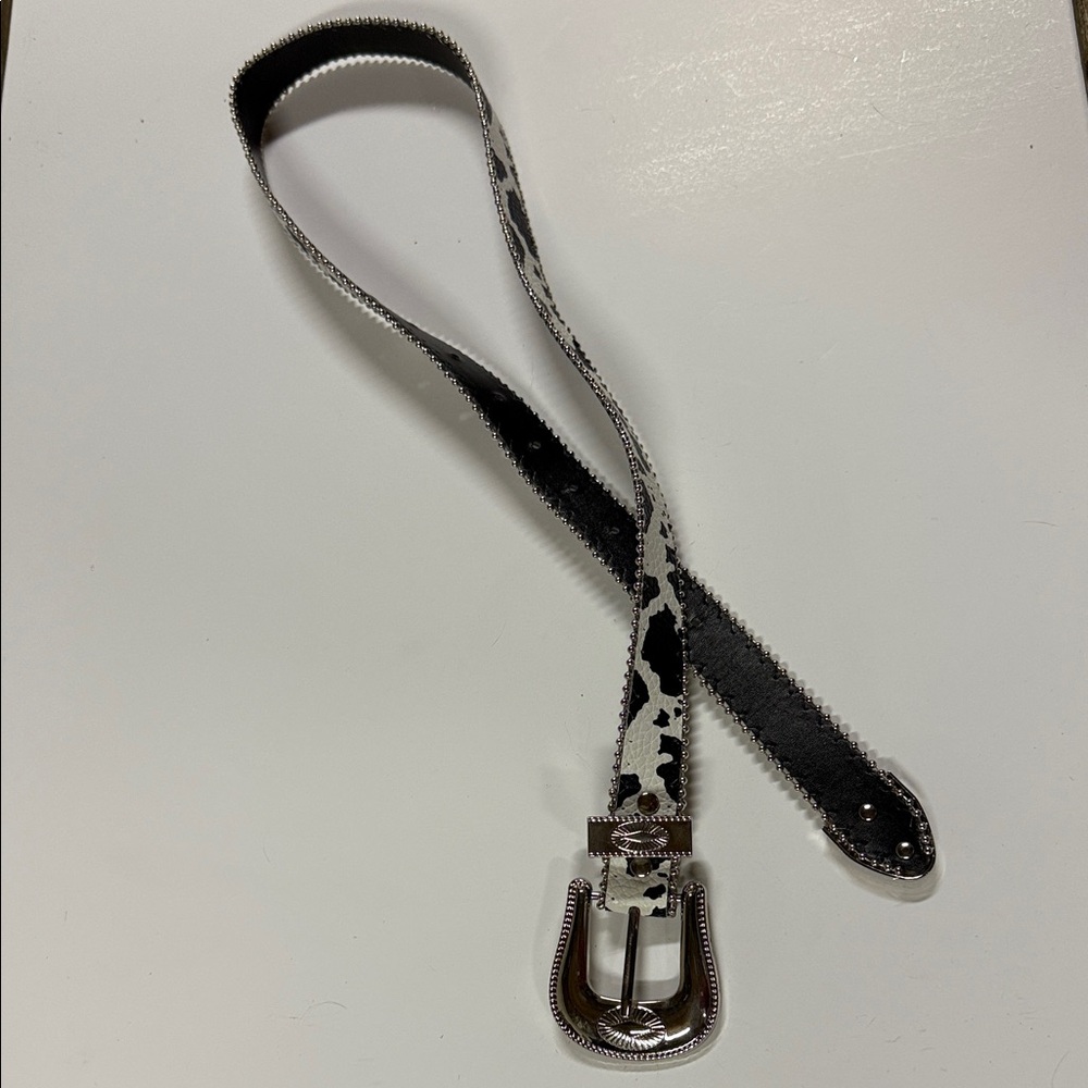 Cow Print Belt with Silver Buckle